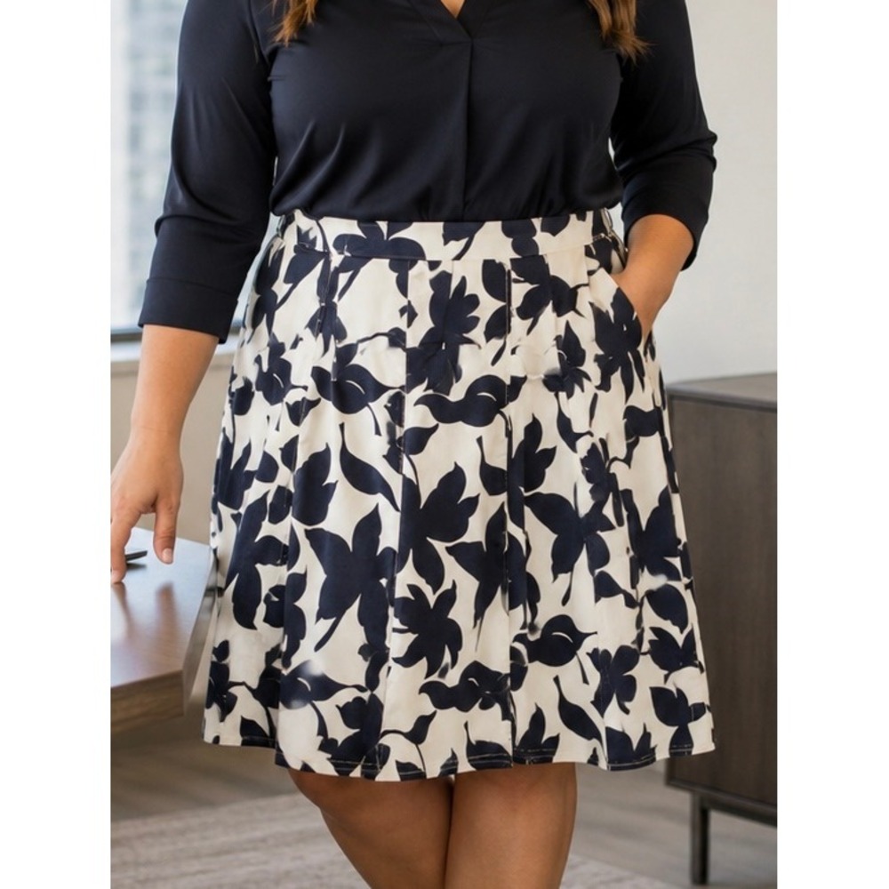 Banana Republic Navy White Floral A-Line Skirt 16 Cotton Linen Pockets Office
